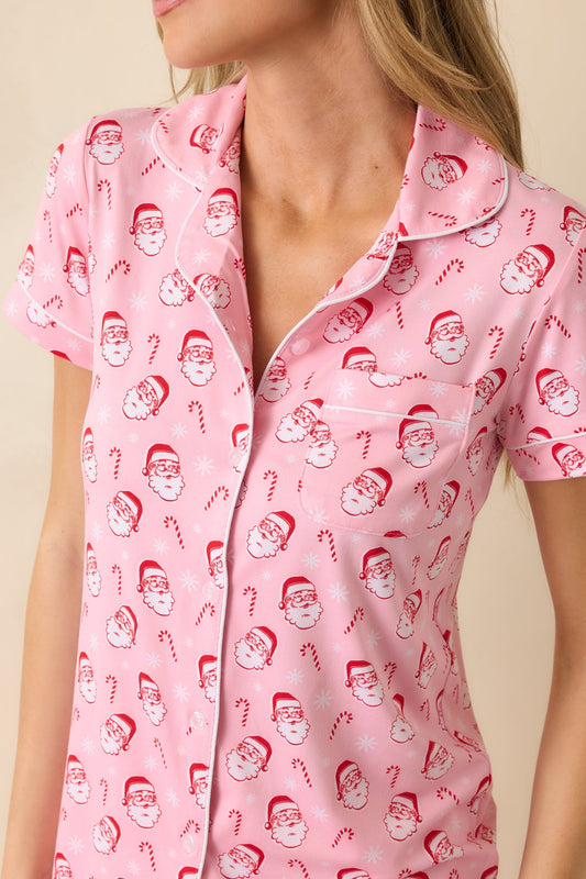 Jolly Little Thing Light Pink Multi Santa Short Sleeve Button Up Pajama Top