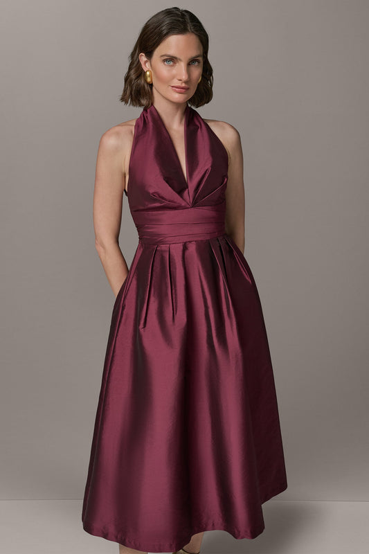 SLEEVELESS V-NECK TAFFETA MIDI COCKTAIL DRESS