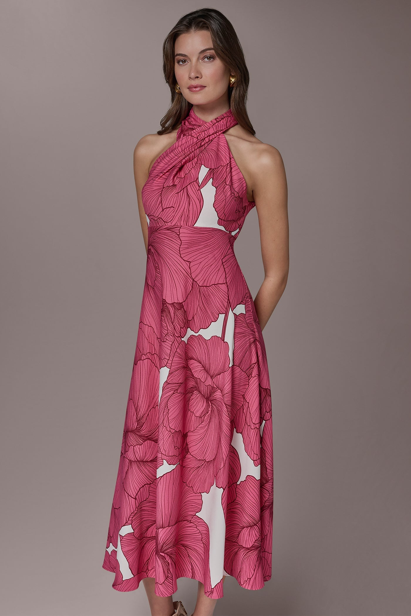 FLORAL MIDI A-LINE HALTER DRESS