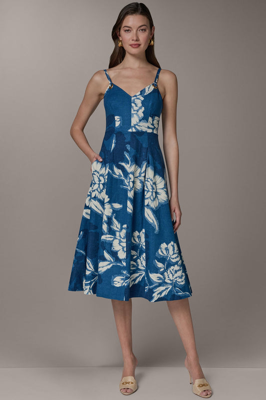 SLEEVELESS MIDI FIT AND FLARE DRESS