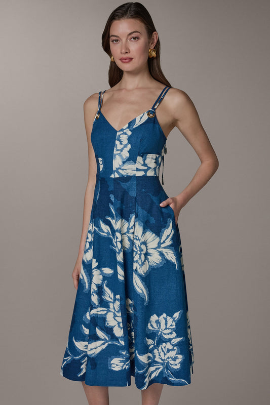 SLEEVELESS MIDI FIT AND FLARE DRESS