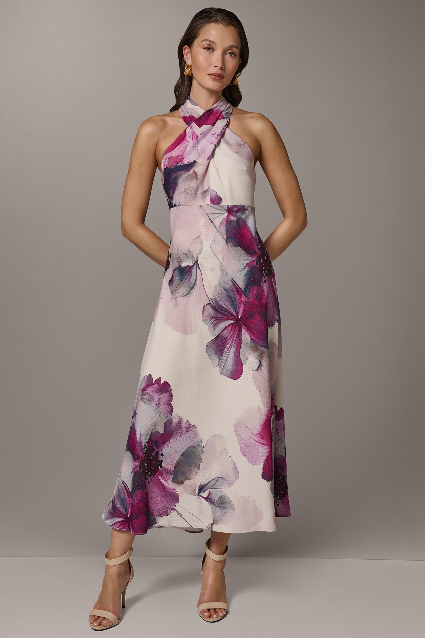 SLEEVELESS CROSS-FRONT MIDI A-LINE HALTER DRESS