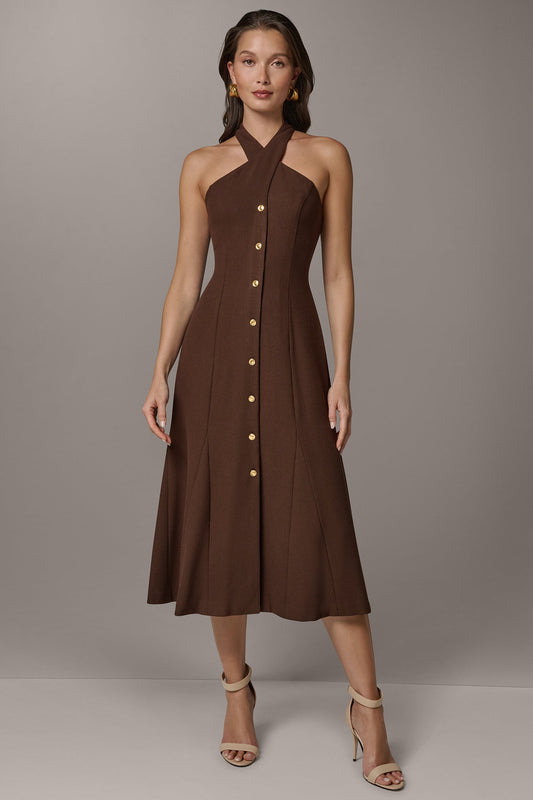SLEEVELESS CROSS-FRONT MIDI HALTER DRESS