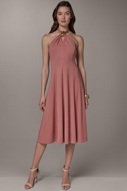 SLEEVELESS MIDI A-LINE HALTER DRESS