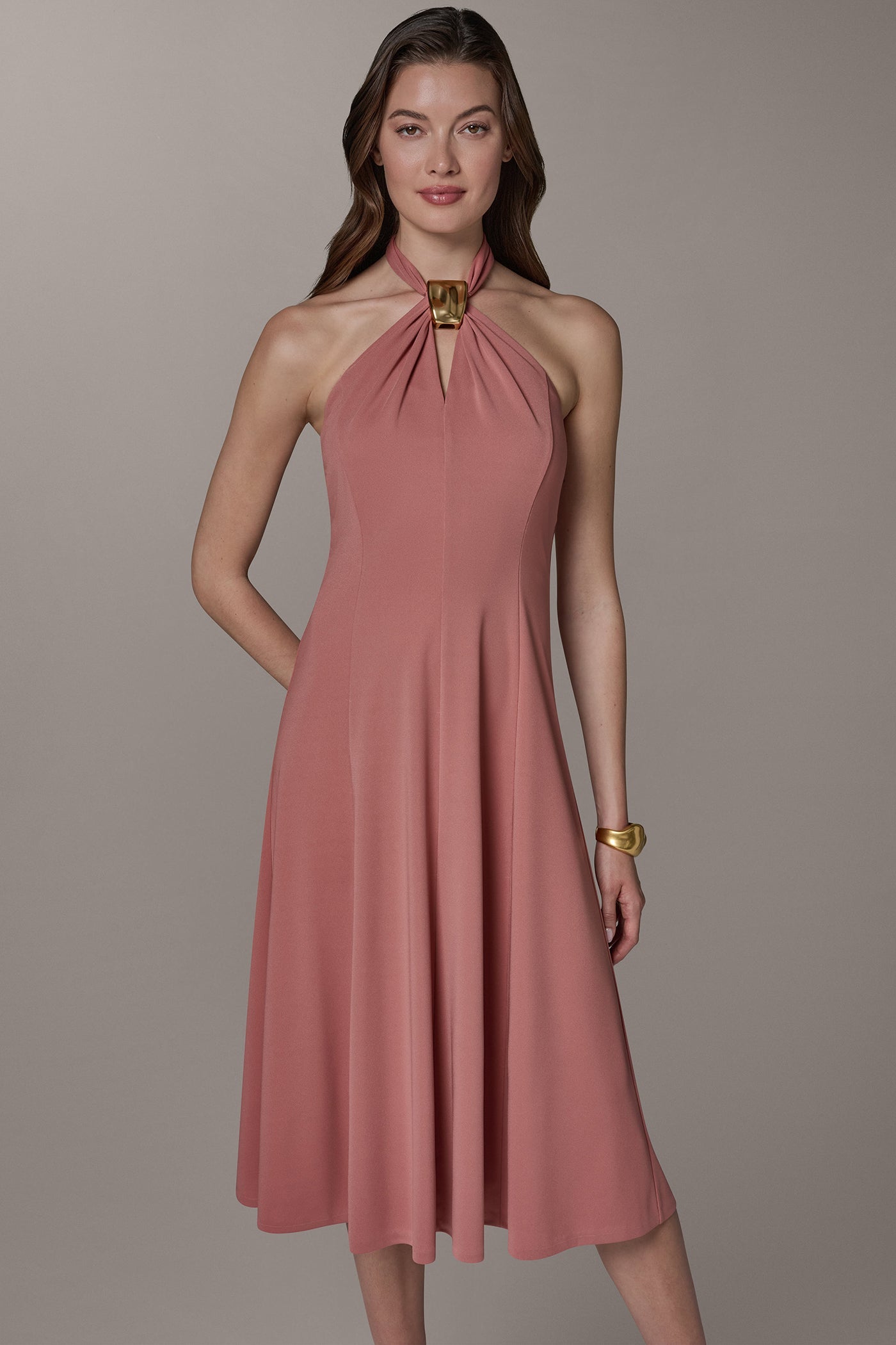 SLEEVELESS MIDI A-LINE HALTER DRESS