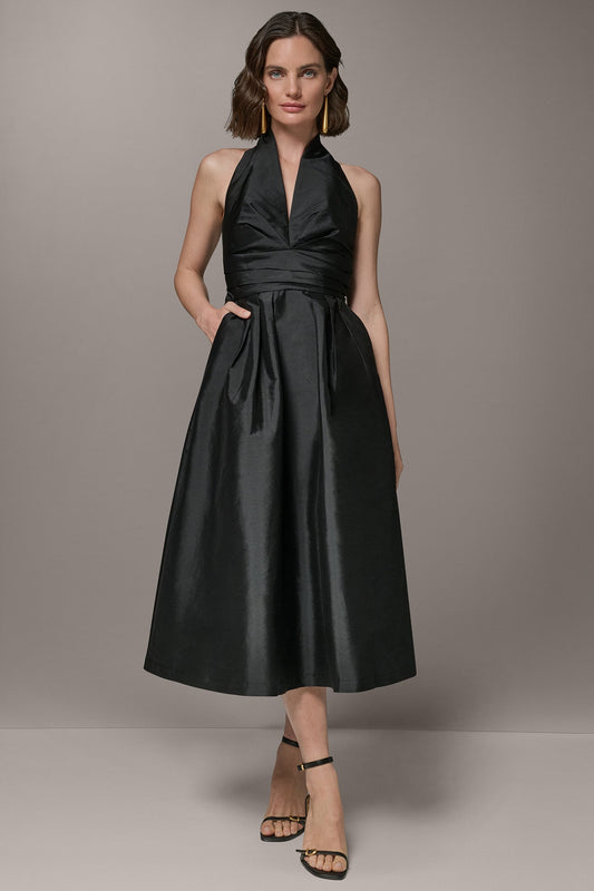 SLEEVELESS V-NECK TAFFETA MIDI COCKTAIL DRESS