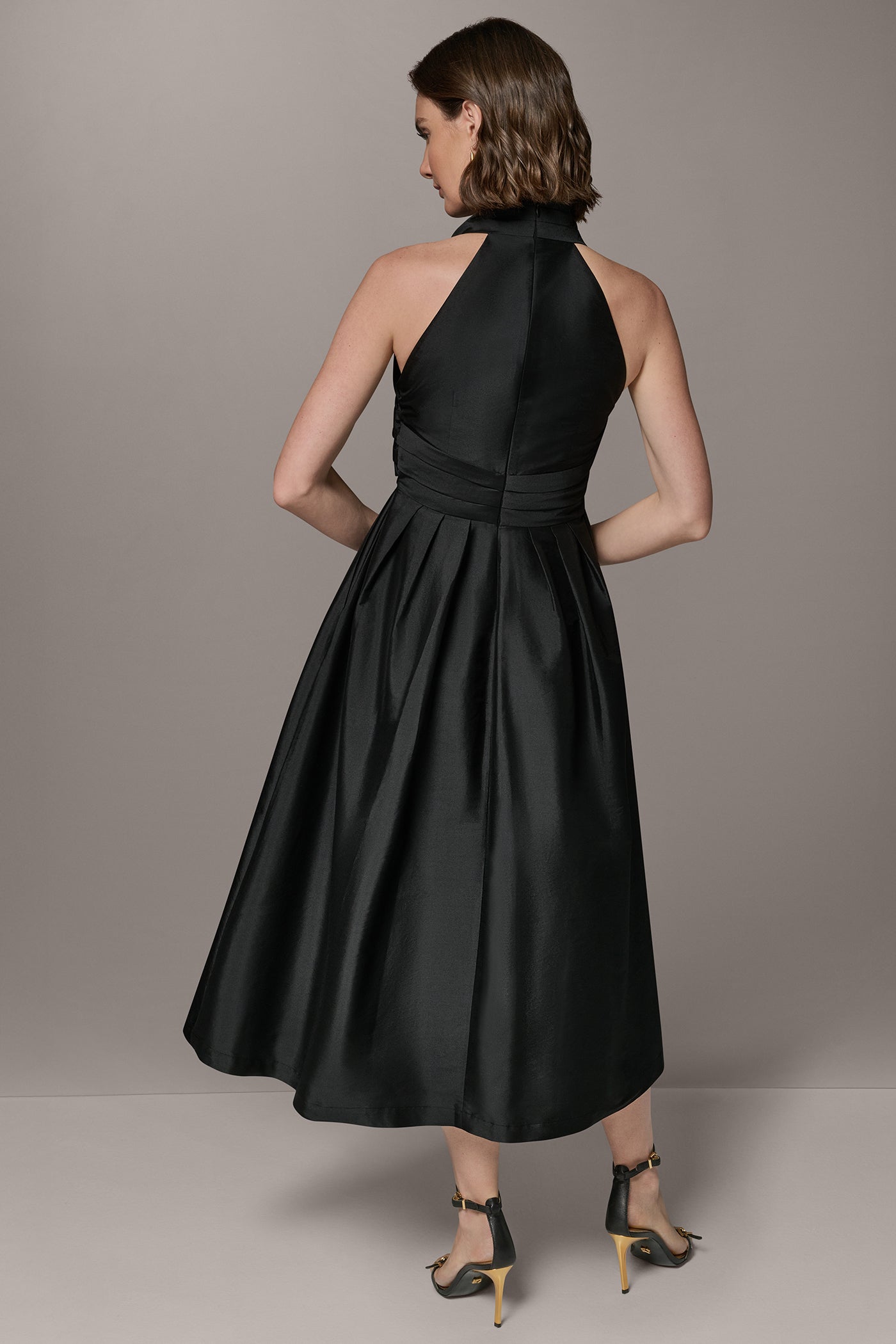 SLEEVELESS V-NECK TAFFETA MIDI COCKTAIL DRESS