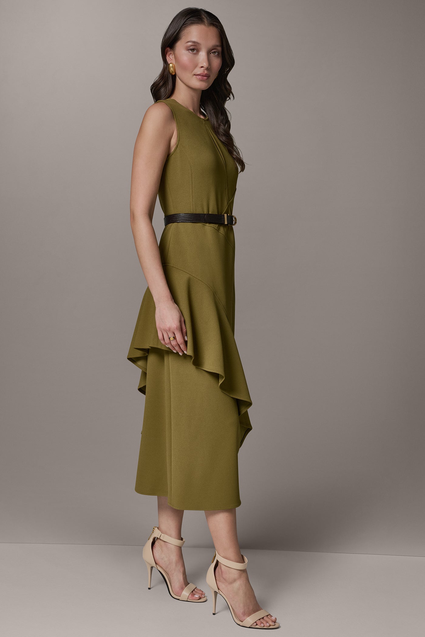 SLEEVELESS RUFFLE MIDI HI-LOW DRESS
