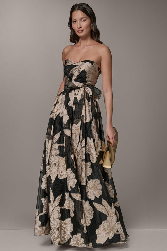 STRAPLESS SWEETHEART METALLIC FLORAL BALL GOWN