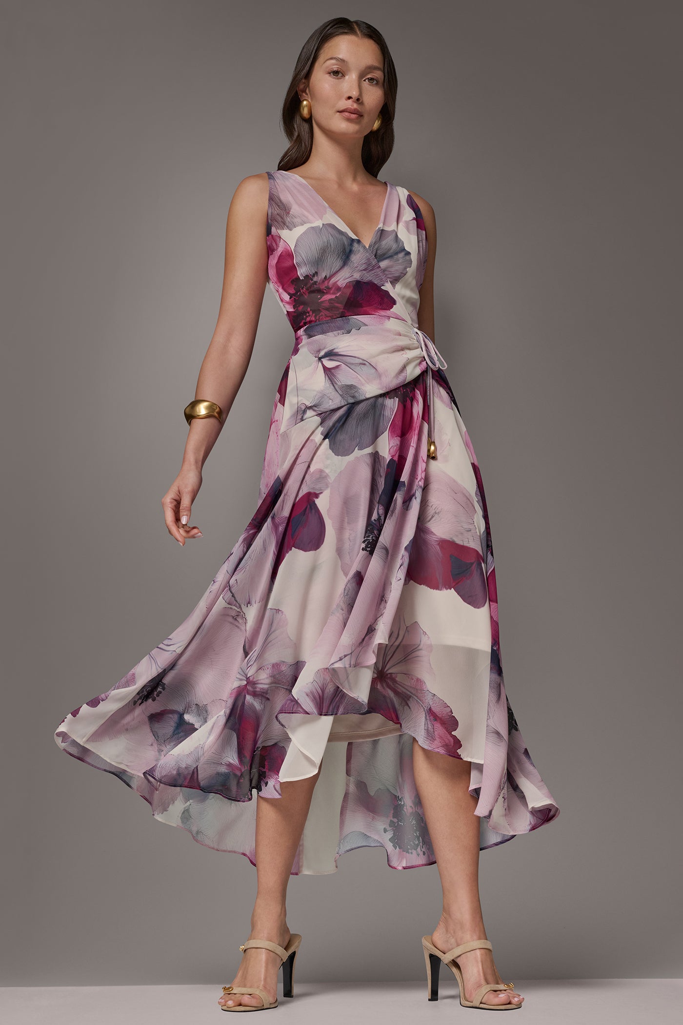 WRAP-EFFECT FLORAL MIDI A-LINE DRESS