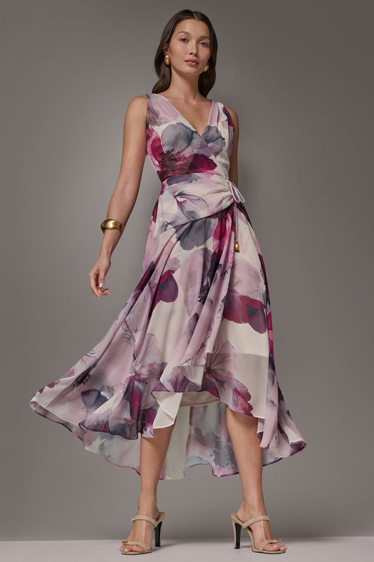 WRAP-EFFECT FLORAL MIDI A-LINE DRESS