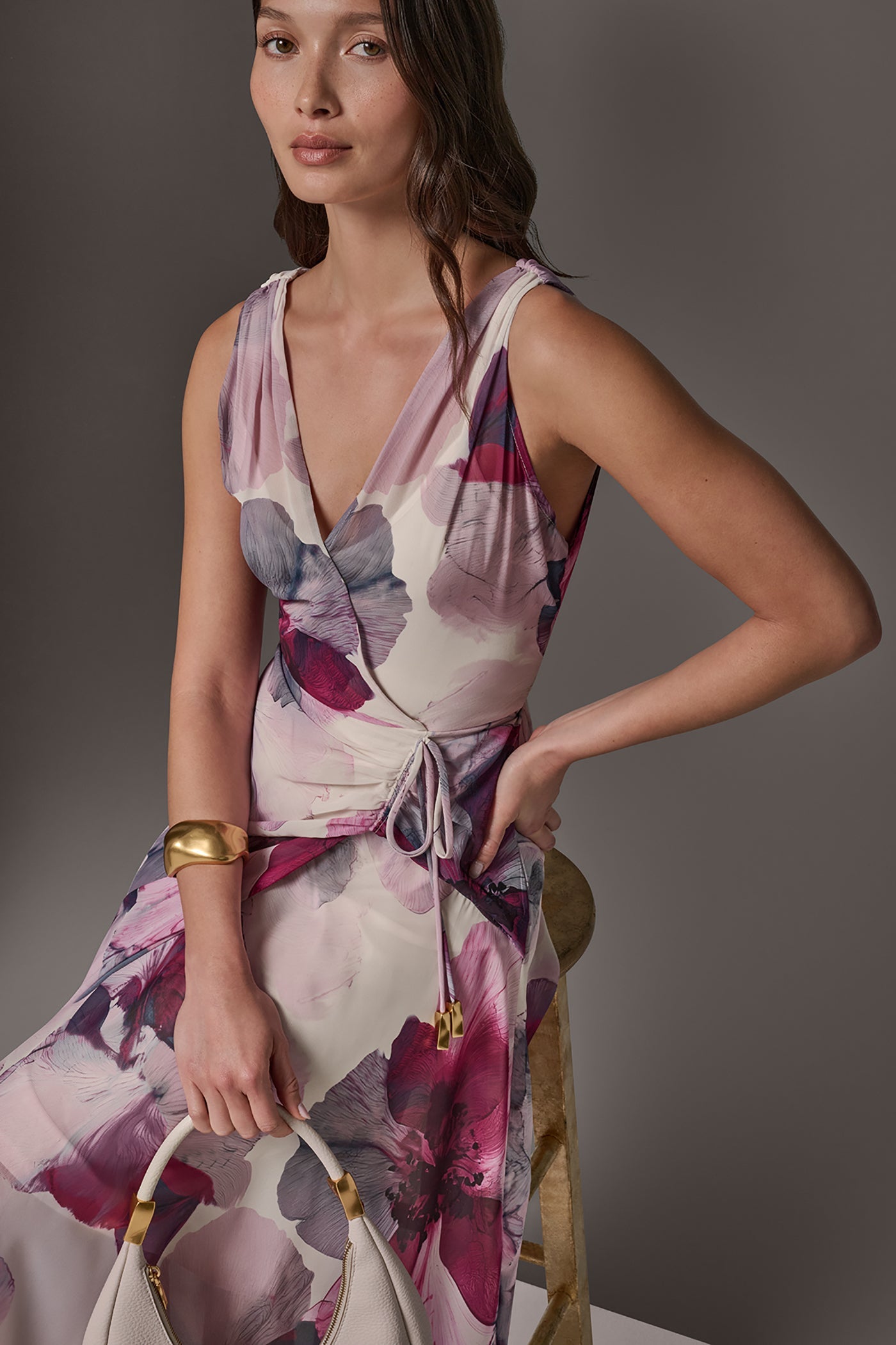WRAP-EFFECT FLORAL MIDI A-LINE DRESS
