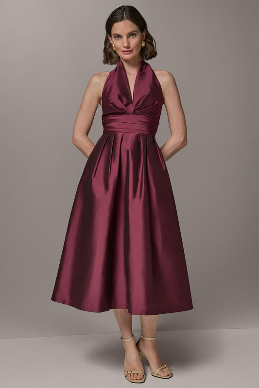 SLEEVELESS V-NECK TAFFETA MIDI COCKTAIL DRESS