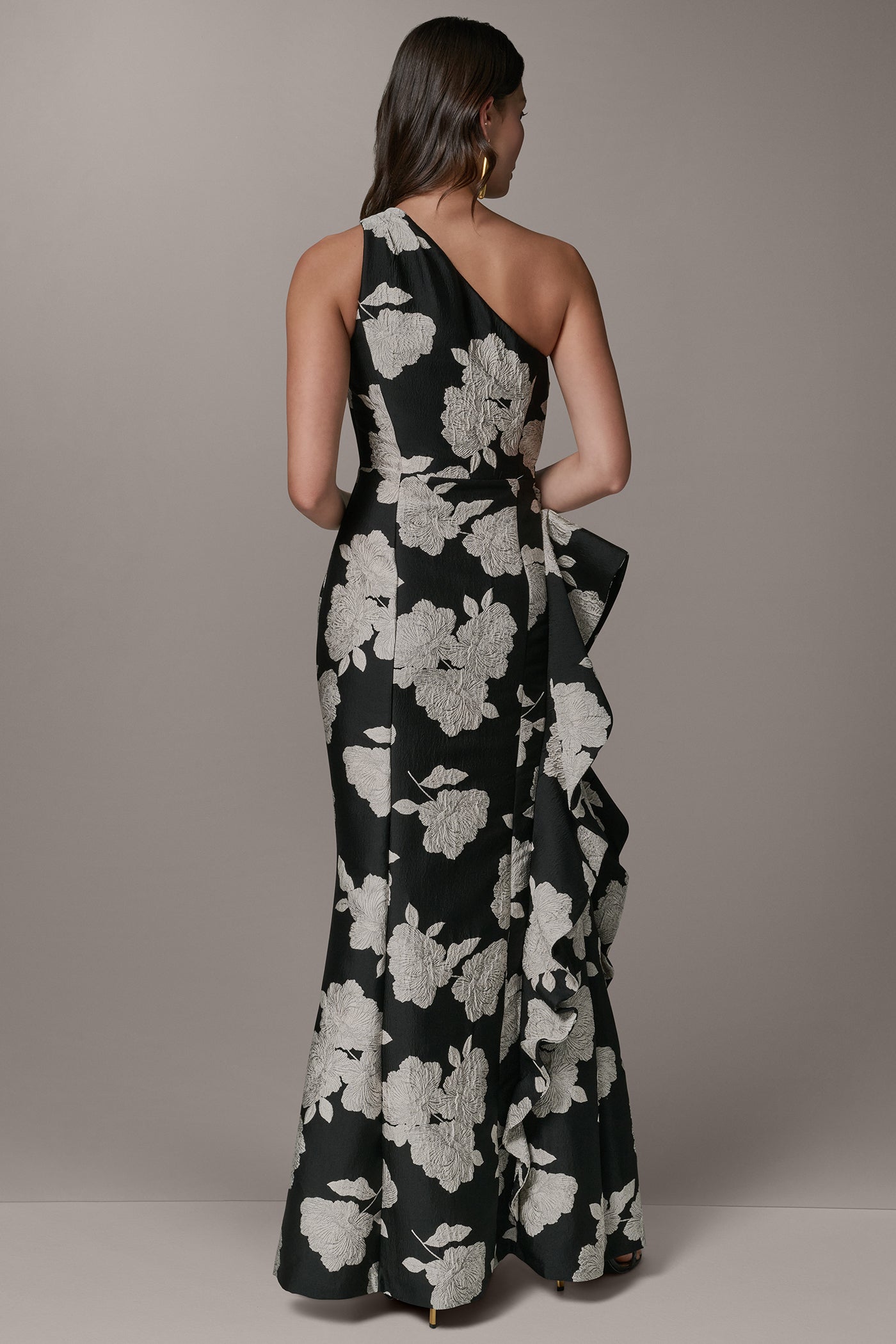 ONE SHOULDER FLORAL SIDE RUFFLE GOWN