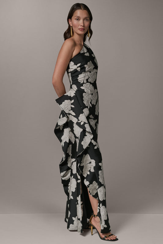 ONE SHOULDER FLORAL SIDE RUFFLE GOWN