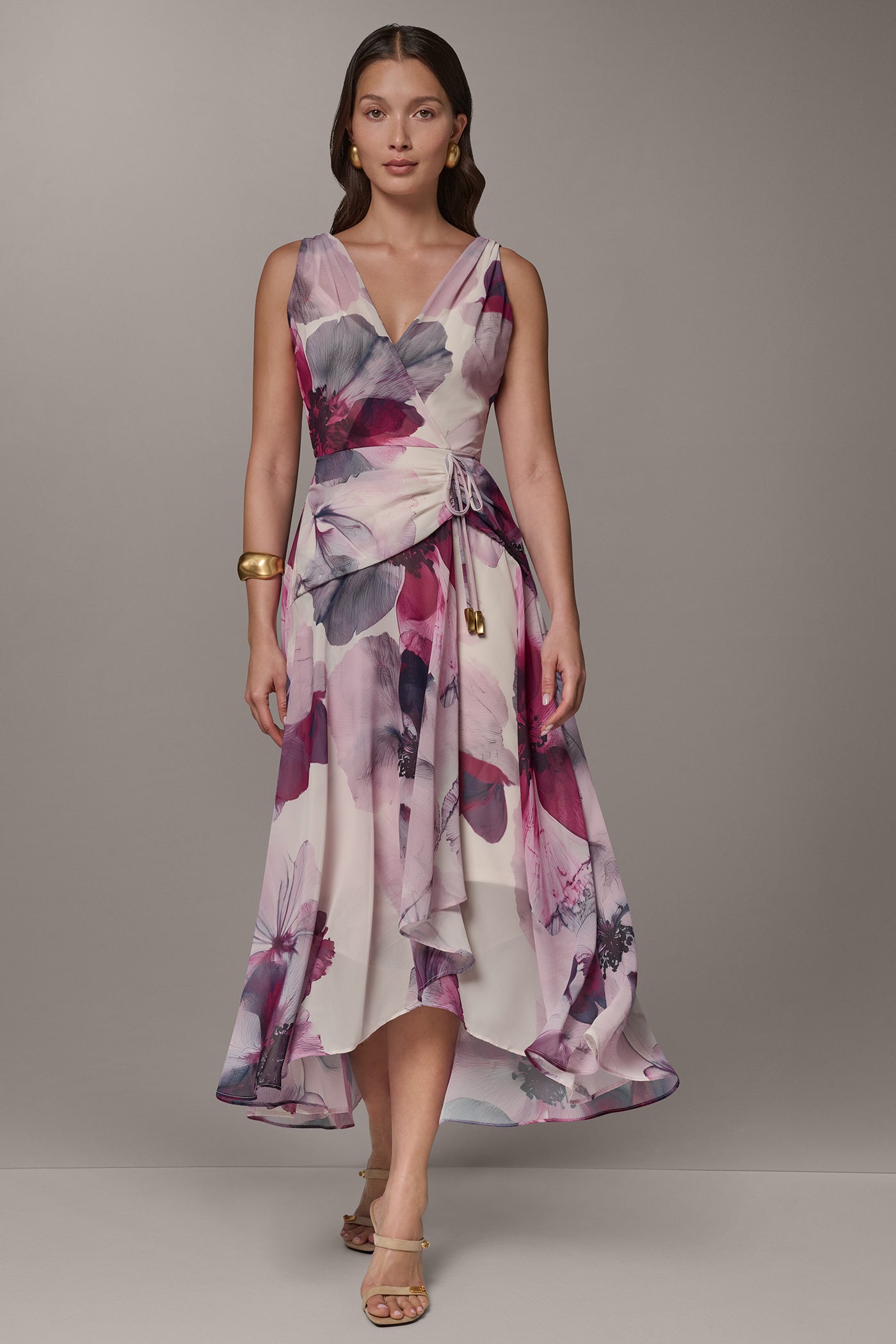 WRAP-EFFECT FLORAL MIDI A-LINE DRESS