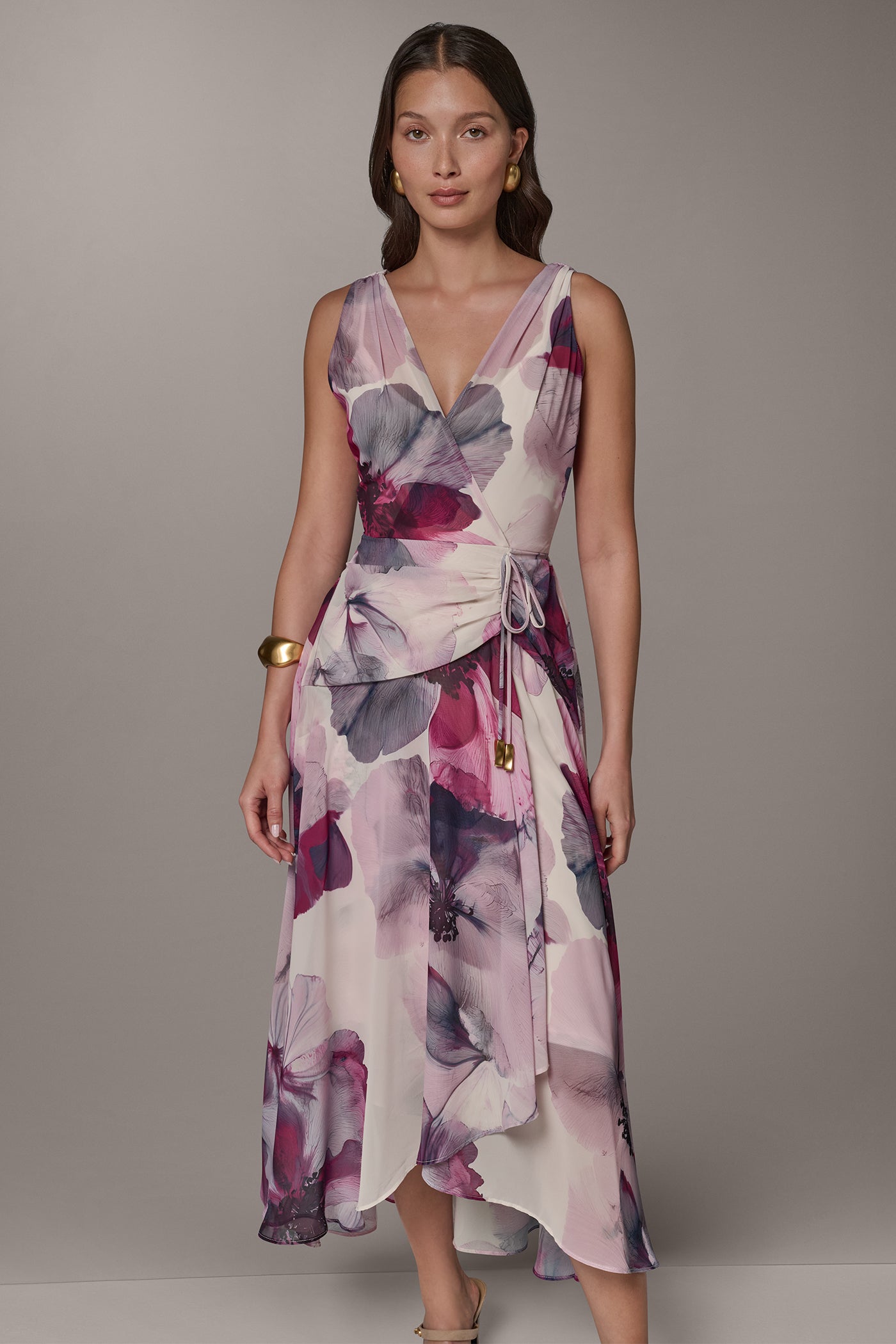 WRAP-EFFECT FLORAL MIDI A-LINE DRESS