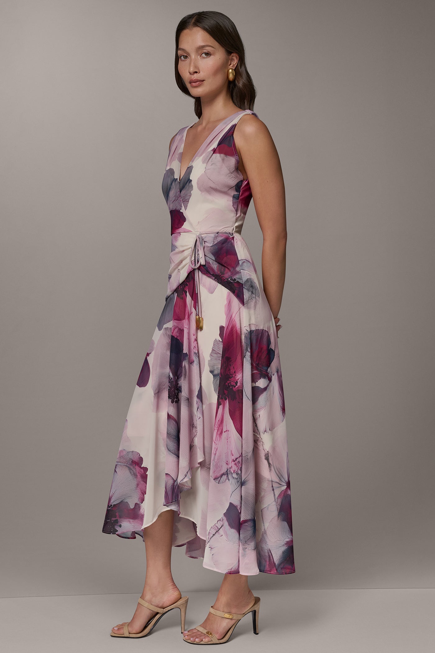 WRAP-EFFECT FLORAL MIDI A-LINE DRESS