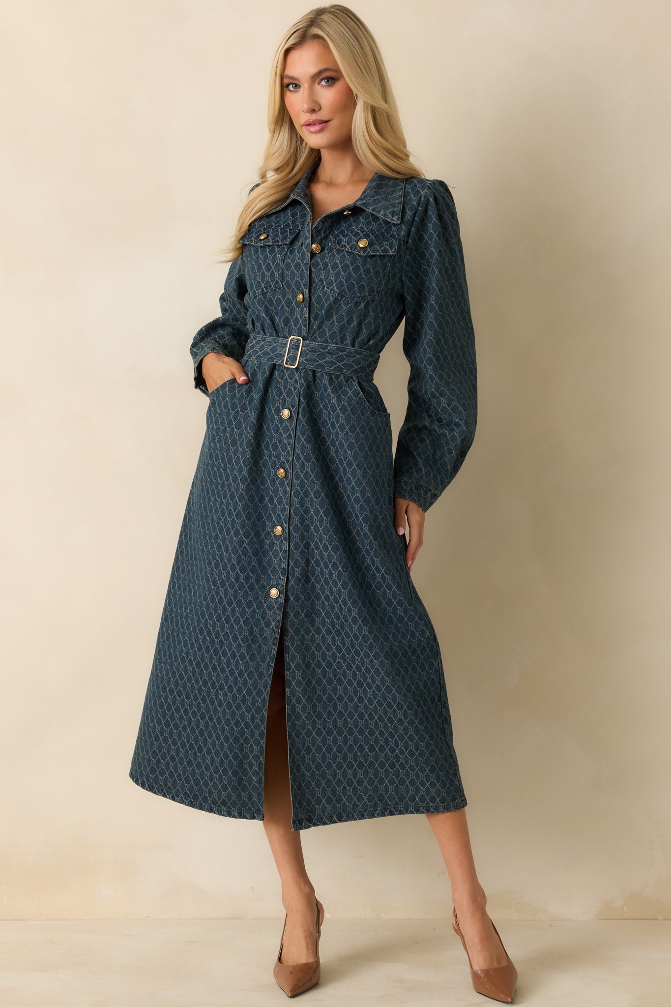 Just As I Said Blue Cotton Patterned Denim Belted Midi Dress