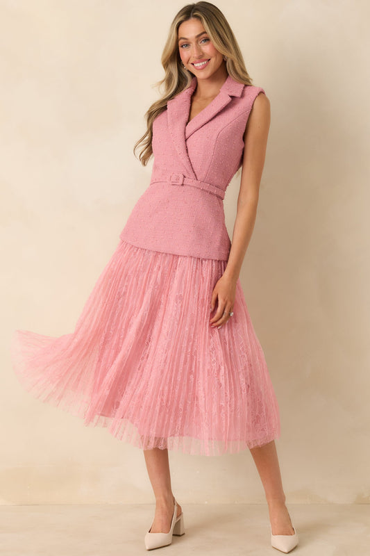 Caught You Smiling Rose Pink Textured Woven Belted Lace Midi Dress